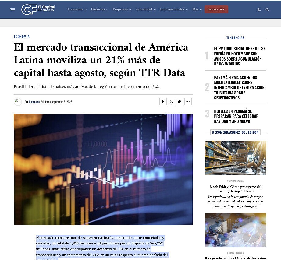 El mercado transaccional de Amrica Latina moviliza un 21% ms de capital hasta agosto, segn TTR Data